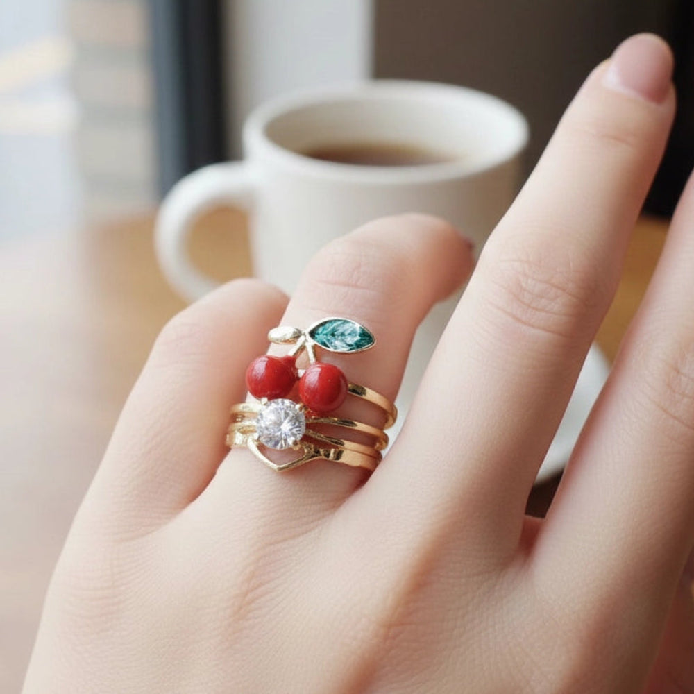 Sweet Style: Stackable Gold Rings & Cherry Statement Jewelry Set