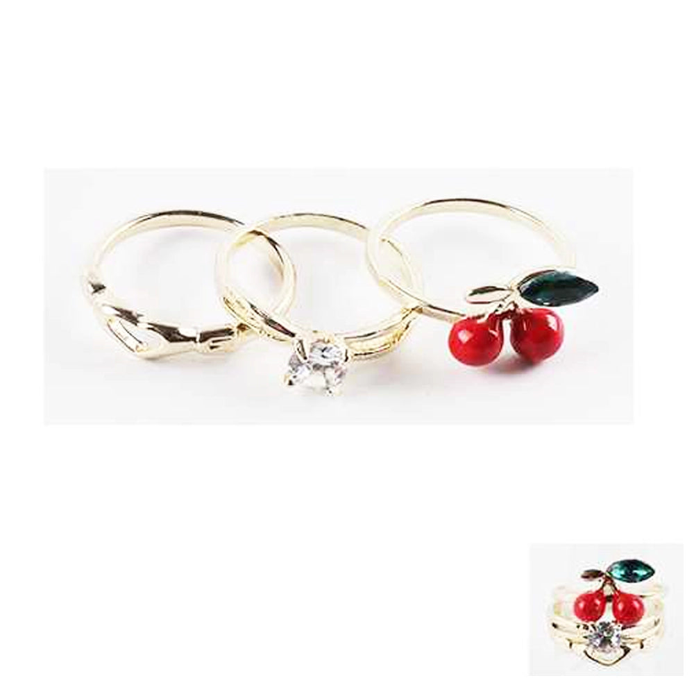 Sweet Style: Stackable Gold Rings & Cherry Statement Jewelry Set