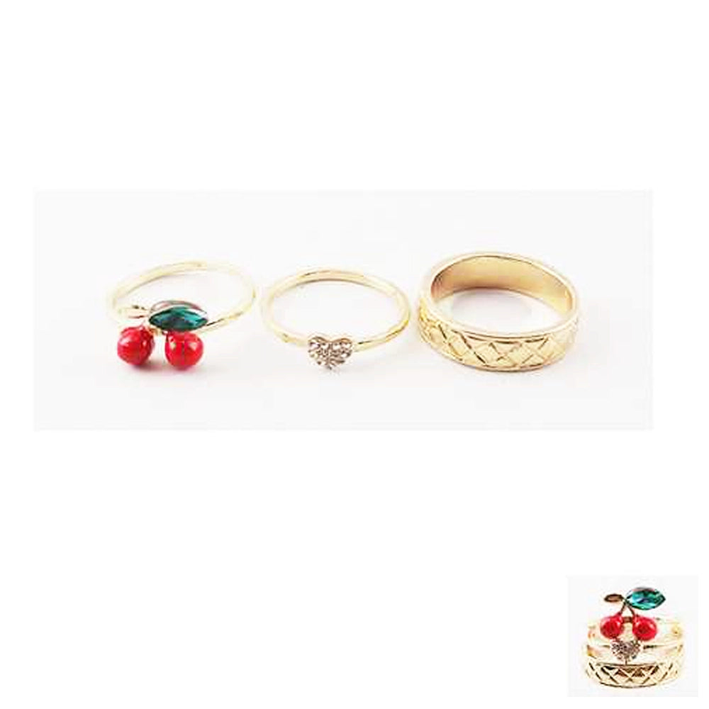 Cherry Ring Set - Cute Fruit Enamel & Gold/Silver Tone Fashion Jewelry
