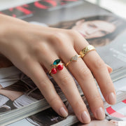 Cherry Ring Set - Cute Fruit Enamel & Gold/Silver Tone Fashion Jewelry