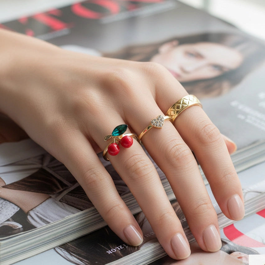 Cherry Ring Set - Cute Fruit Enamel & Gold/Silver Tone Fashion Jewelry