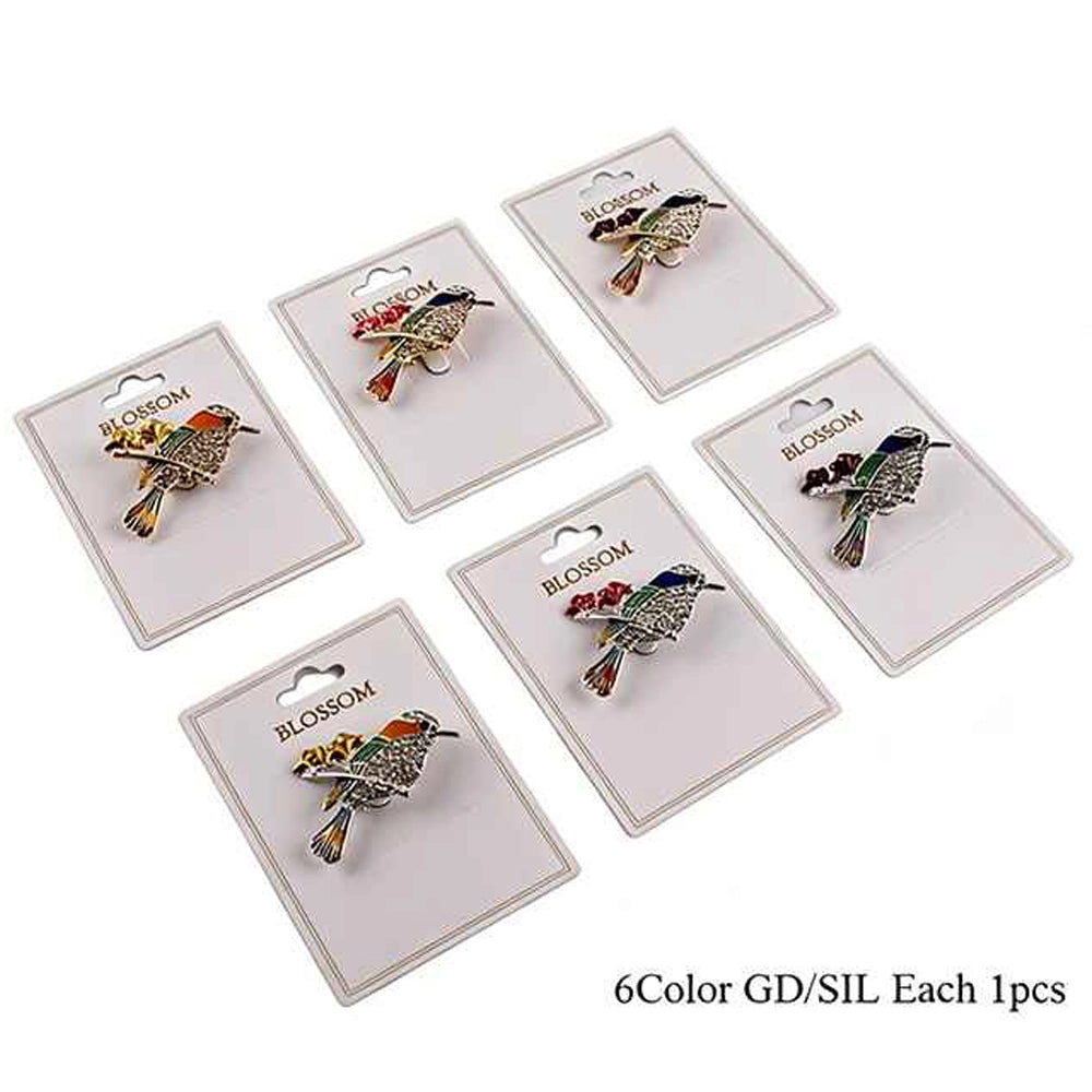 Vintage Crystal Hummingbird Brooch Pin – Colorful Enamel Bird Badge for Women, 6-Piece Set (Gold & Silver Base) (IRO-141)