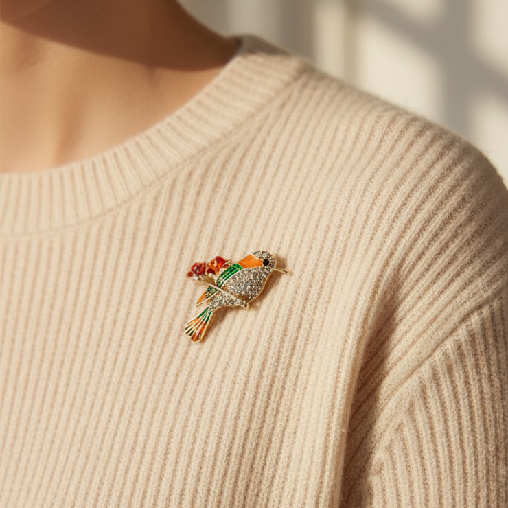 Vintage Crystal Hummingbird Brooch Pin – Colorful Enamel Bird Badge for Women, 6-Piece Set (Gold & Silver Base) (IRO-141)