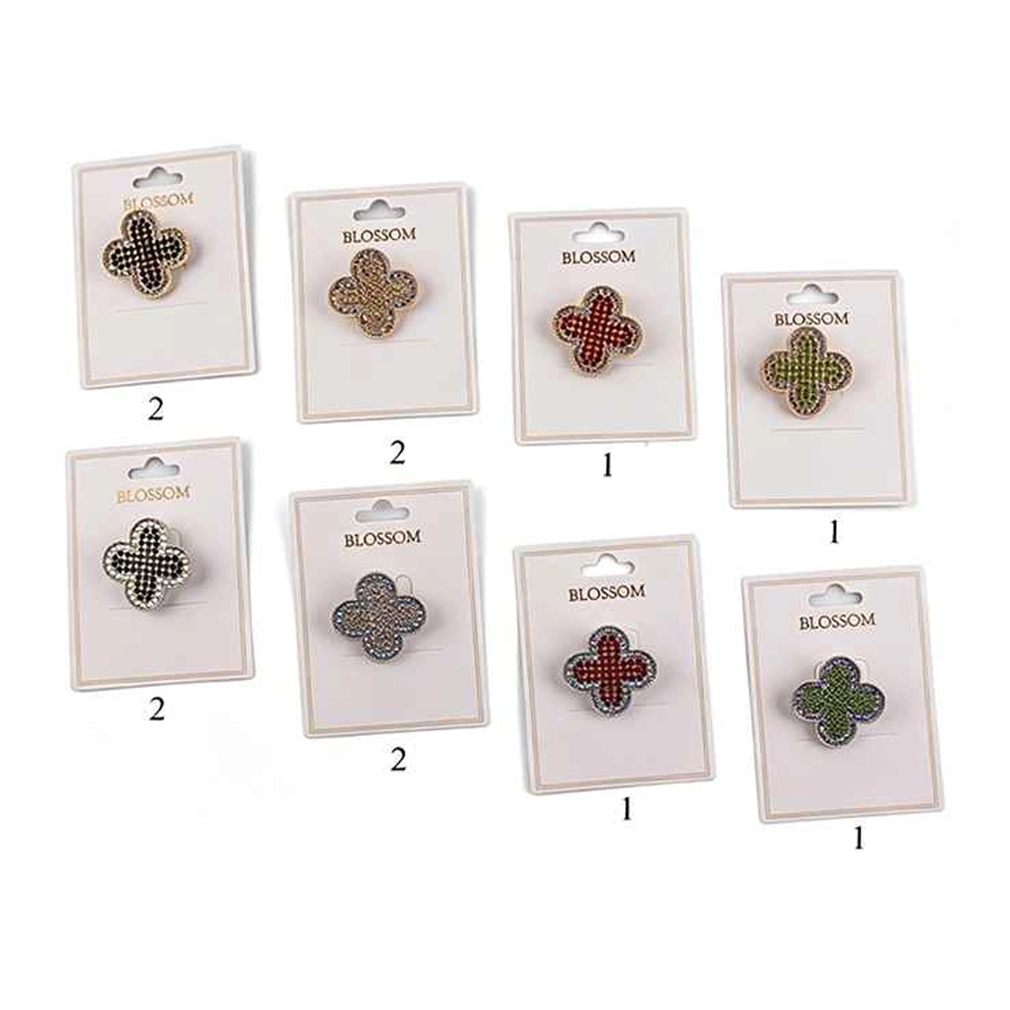 Sparkly Rhinestone Four-Leaf Clover Brooch Pins – Crystal Flower Motif Lapel Pin Set by Blossom (IRO-159)