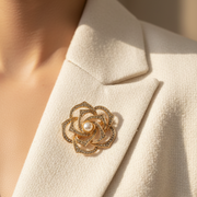 Elegant Crystal Rose Brooch Pin Set with Faux Pearl Center – Gold & Silver Floral Accessories (12-Piece Pack)(IRO-164)