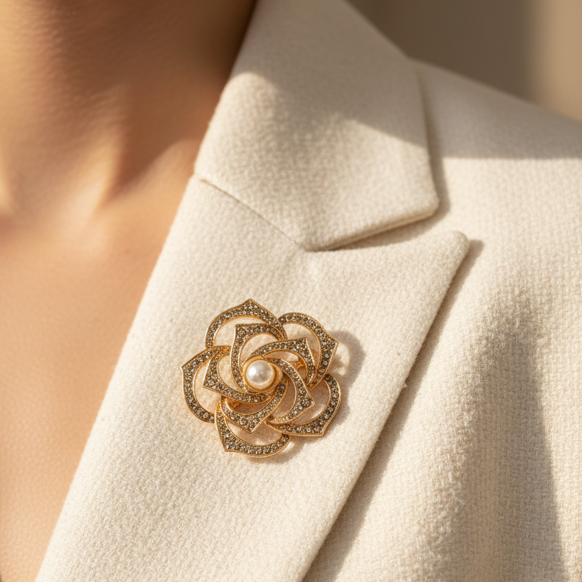 Elegant Crystal Rose Brooch Pin Set with Faux Pearl Center – Gold & Silver Floral Accessories (12-Piece Pack)(IRO-164)