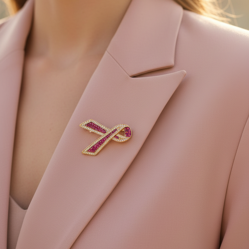 Pink Rhinestone Awareness Ribbon Brooch Pin Set – Gold & Silver Tone (12pc) (IRO-168)