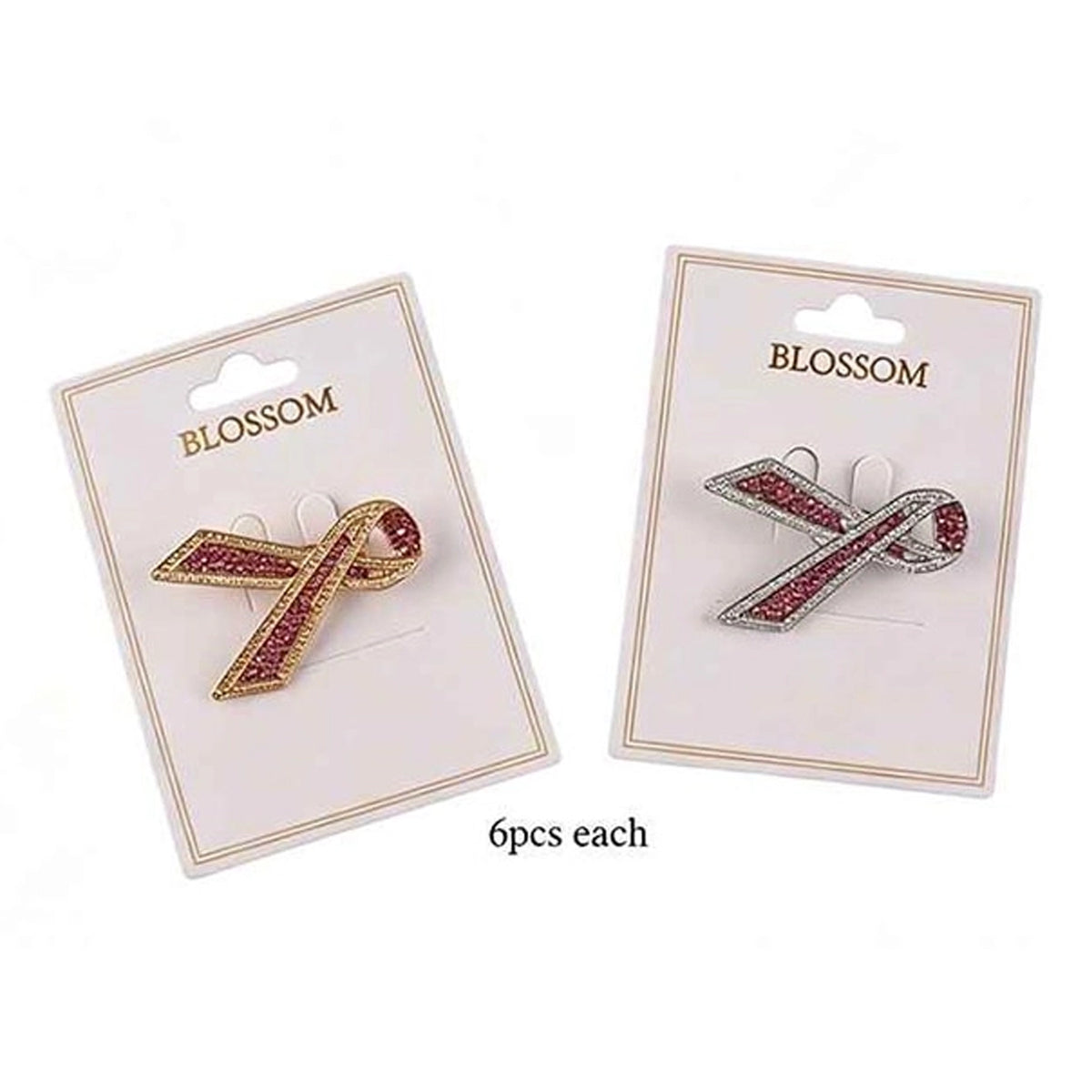 Pink Rhinestone Awareness Ribbon Brooch Pin Set – Gold & Silver Tone (12pc) (IRO-168)