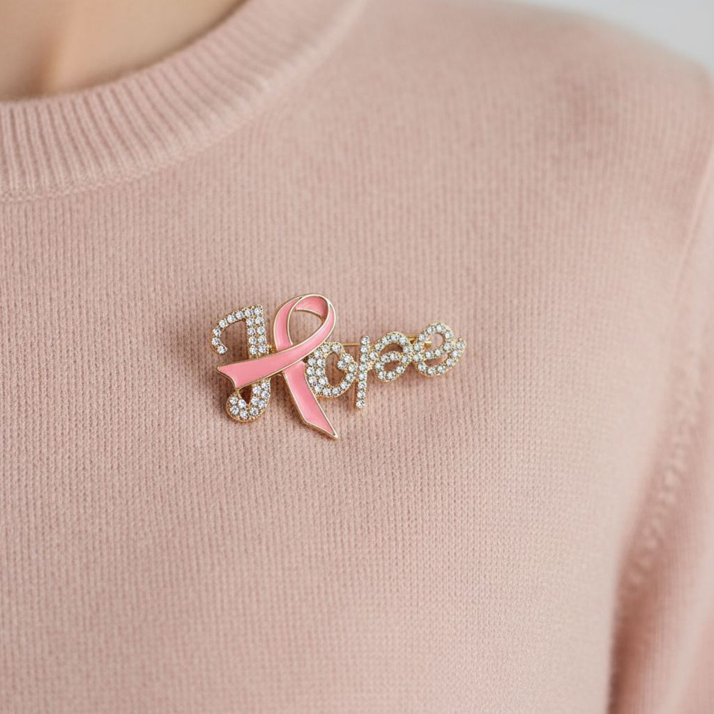 Rhinestone Breast Cancer Awareness "Hope" Ribbon Brooch Pin Set (6-Pack) (IRO-171)