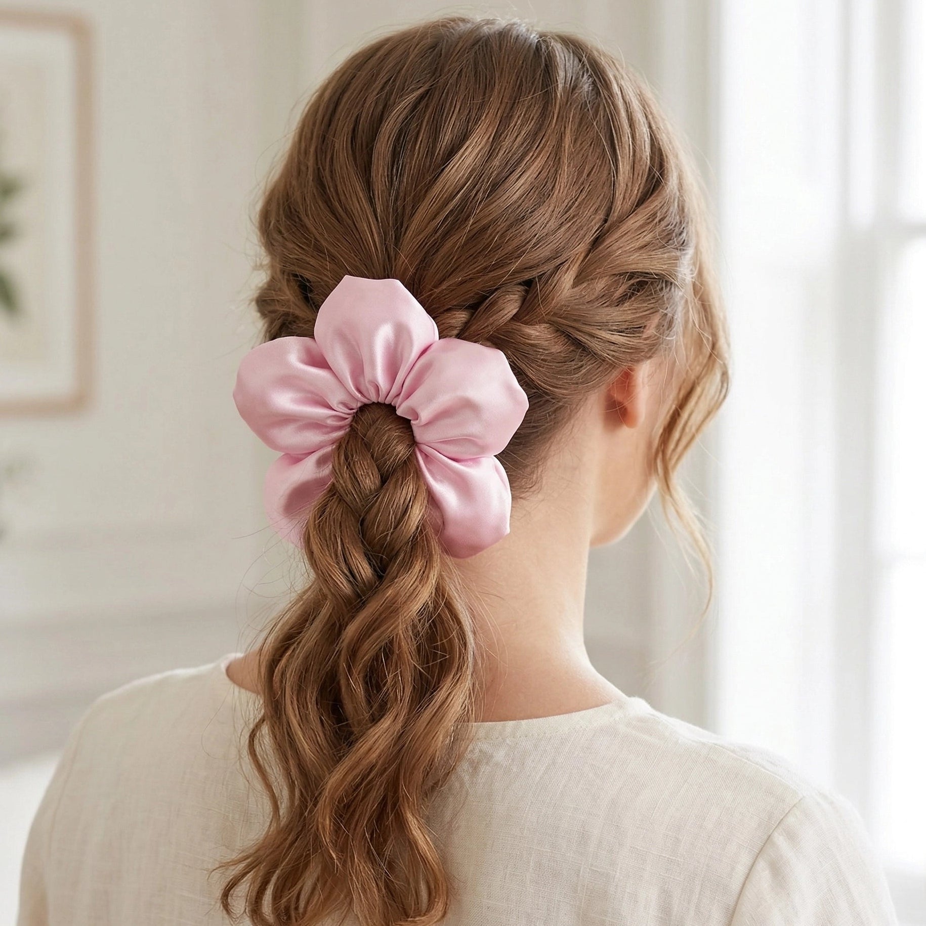 Oversized Floral Silk Satin Scrunchie – Elegant Flower Shape Hair Tie (ITW-201PT)