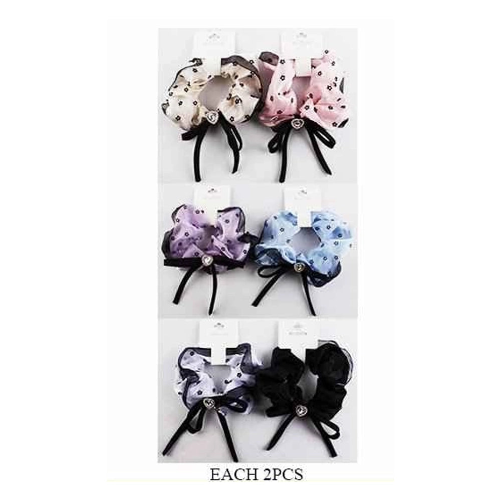 Vintage Floral Satin Scrunchie with Heart Crystal & Velvet Bow – Organza Trim Hair Tie (ITW-214)