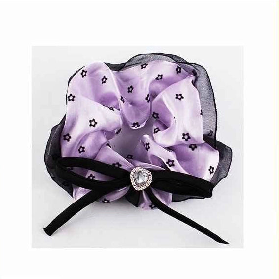 Vintage Floral Satin Scrunchie with Heart Crystal & Velvet Bow – Organza Trim Hair Tie (ITW-214)