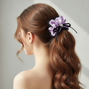 Vintage Floral Satin Scrunchie with Heart Crystal & Velvet Bow – Organza Trim Hair Tie (ITW-214)