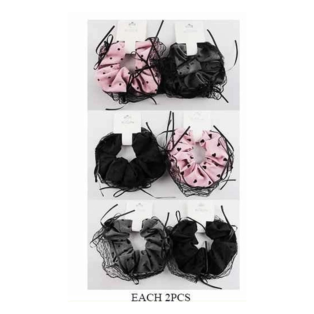 Coquette Aesthetic Heart Print Scrunchie with Lace Trim & Ribbon Bows (ITW-216)