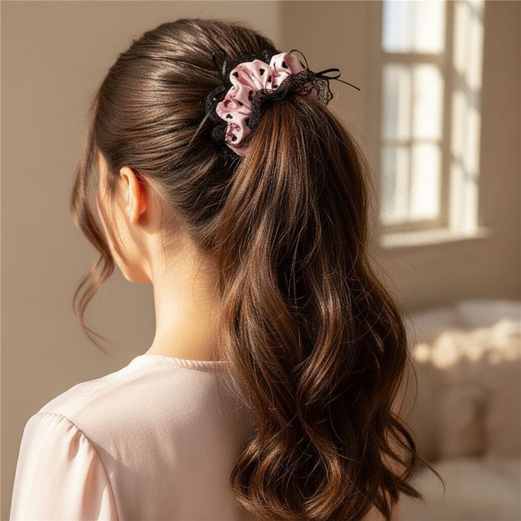 Coquette Aesthetic Heart Print Scrunchie with Lace Trim & Ribbon Bows (ITW-216)