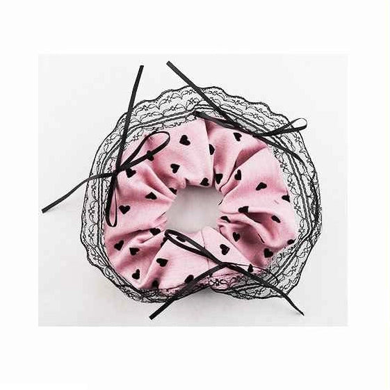 Coquette Aesthetic Heart Print Scrunchie with Lace Trim & Ribbon Bows (ITW-216)