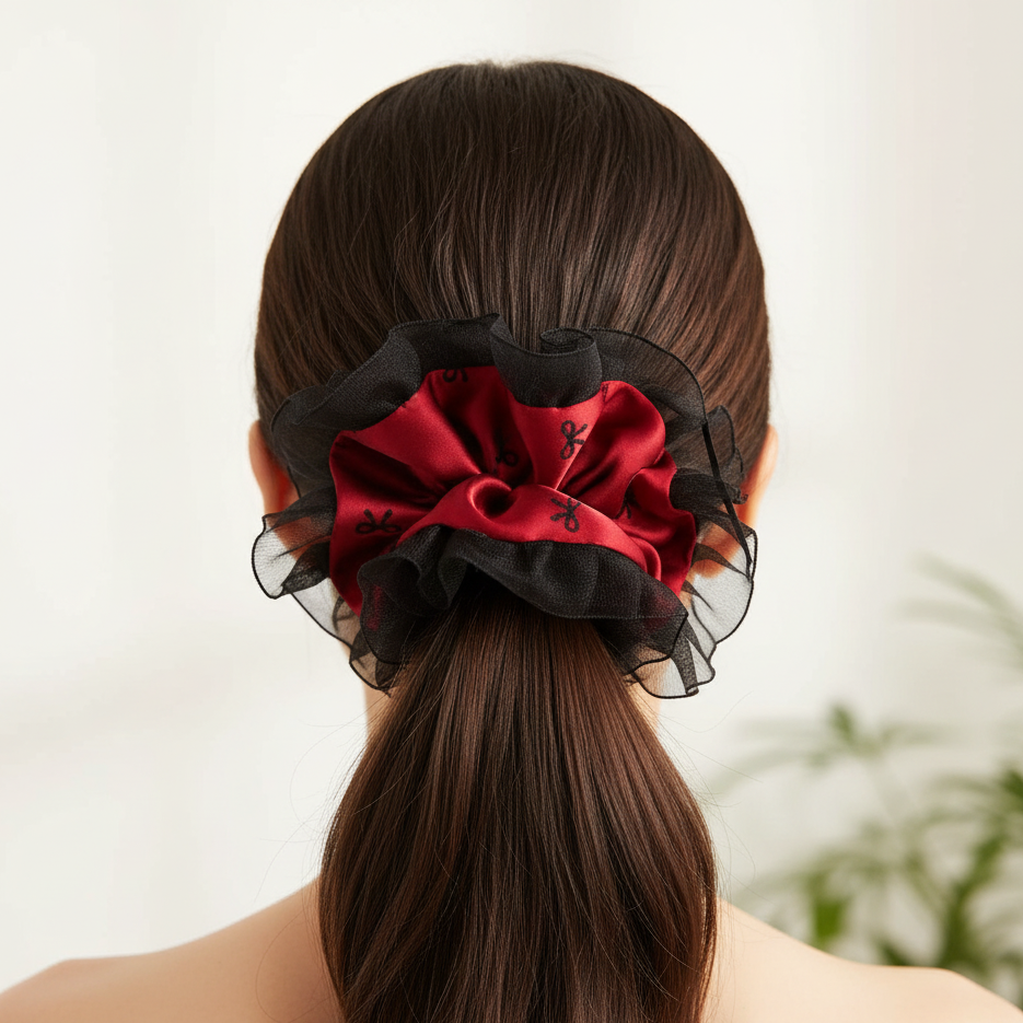 Elegant Tulle-Trim Bow Print Scrunchie - Romantic Mesh Hair Tie for Women & Girls (ITW-217)