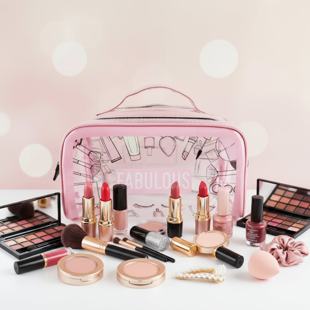Large Clear Makeup Bag – Pink Floral Transparent Travel Toiletry Case with Top Handle (IWT-352PK)