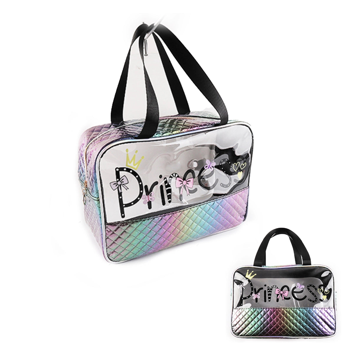 Iridescent "Princess" Quilted Travel Tote – Clear Waterproof Wet/Dry Makeup & Swim Bag (IWT-353BK)