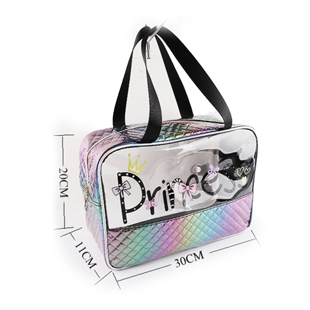 Iridescent "Princess" Quilted Travel Tote – Clear Waterproof Wet/Dry Makeup & Swim Bag (IWT-353BK)