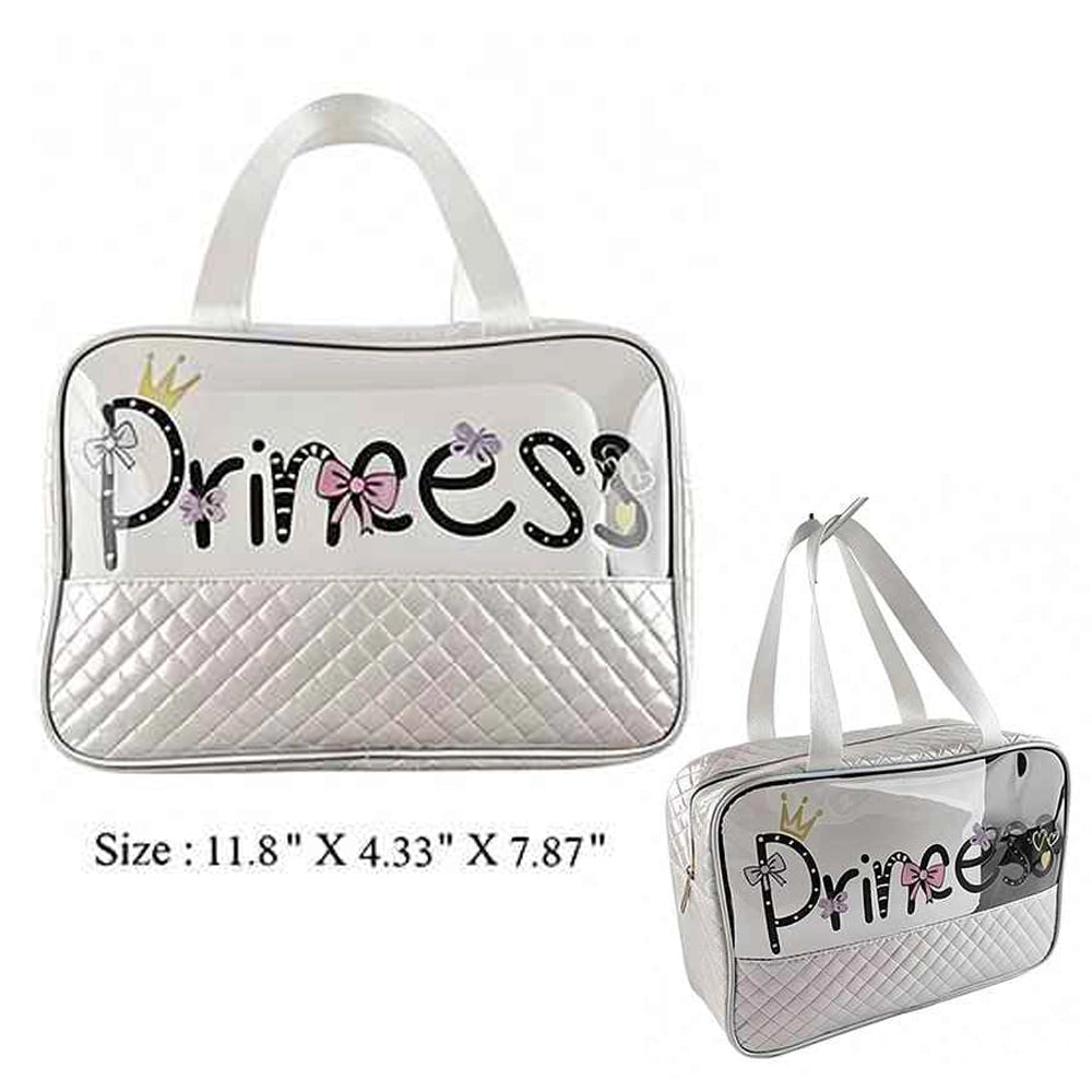 Makeup Bag for Girls – Clear Toiletry Bag with Quilted Bottom and Handles, Waterproof Travel Cosmetic Organizer, Cute Gift for Kids and Toddlers (White/Silver) (IWT-353WH)