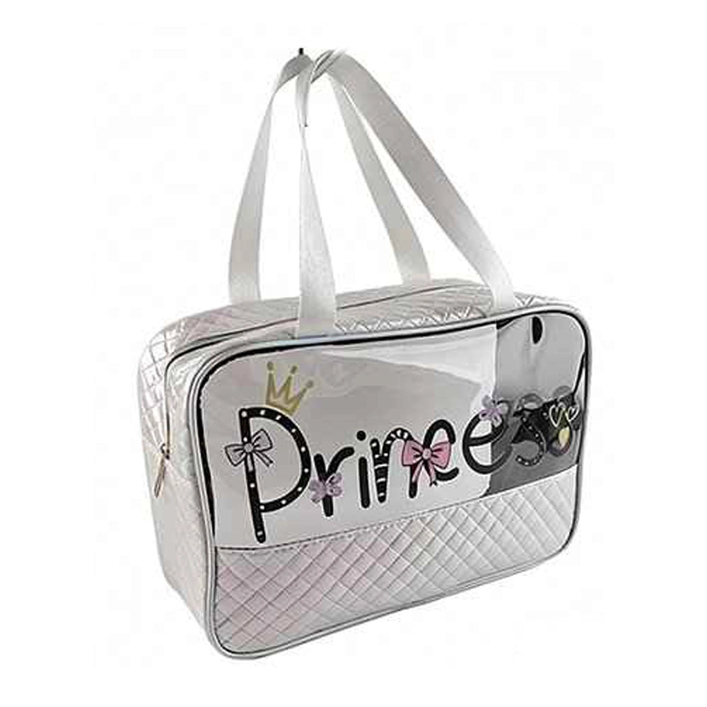 Makeup Bag for Girls – Clear Toiletry Bag with Quilted Bottom and Handles, Waterproof Travel Cosmetic Organizer, Cute Gift for Kids and Toddlers (White/Silver) (IWT-353WH)