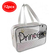 Makeup Bag for Girls – Clear Toiletry Bag with Quilted Bottom and Handles, Waterproof Travel Cosmetic Organizer, Cute Gift for Kids and Toddlers (White/Silver) (IWT-353WH)