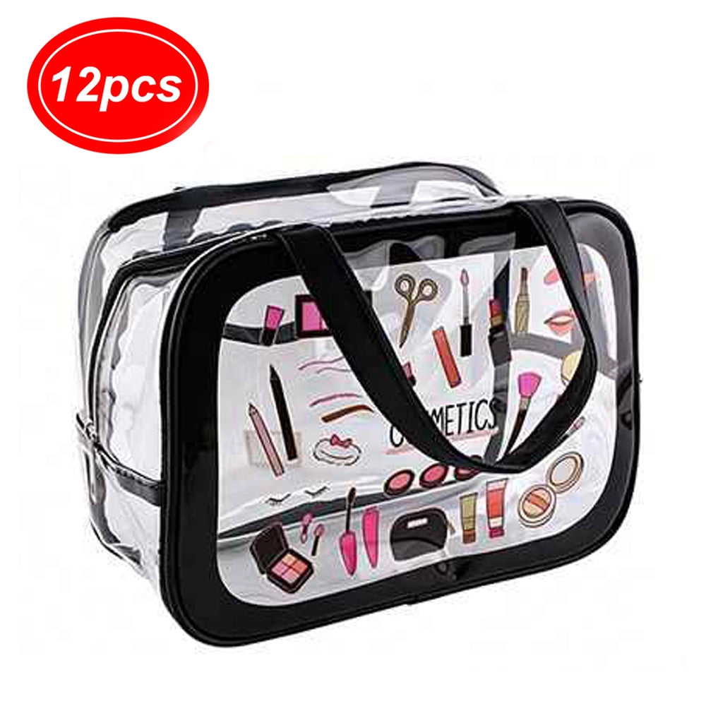Clear Makeup Bag with Handles, Waterproof TPU Cosmetic Travel Organizer, Large Transparent Toiletry Bag with Cute Makeup Print (IWT-360BK)