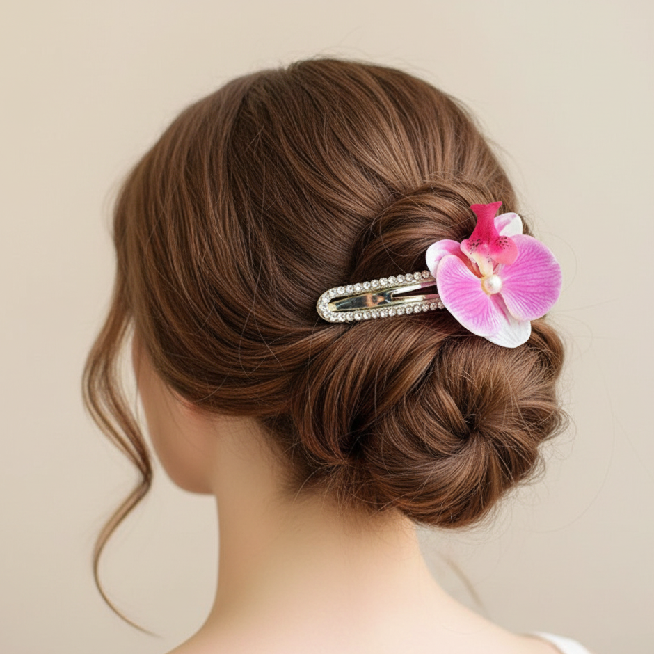 Large Orchid Flower Hair Clip with Rhinestones – Tropical Floral Hair Accessory (JB-11007M)
