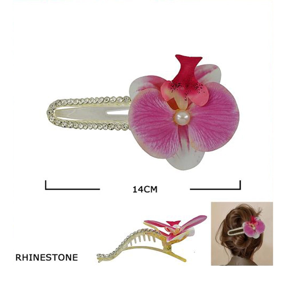 Large Orchid Flower Hair Clip with Rhinestones – Tropical Floral Hair Accessory (JB-11007M)