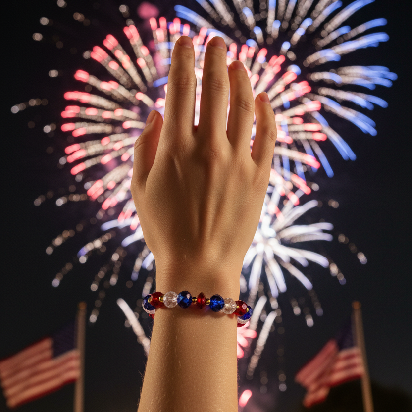 Patriotic Crystal Beaded Stretch Bracelet 12pc Set – Red, White, and Blue Faceted Glass Bracelets for 4th of July, Memorial Day & Team Spirit (JBRC-1006)