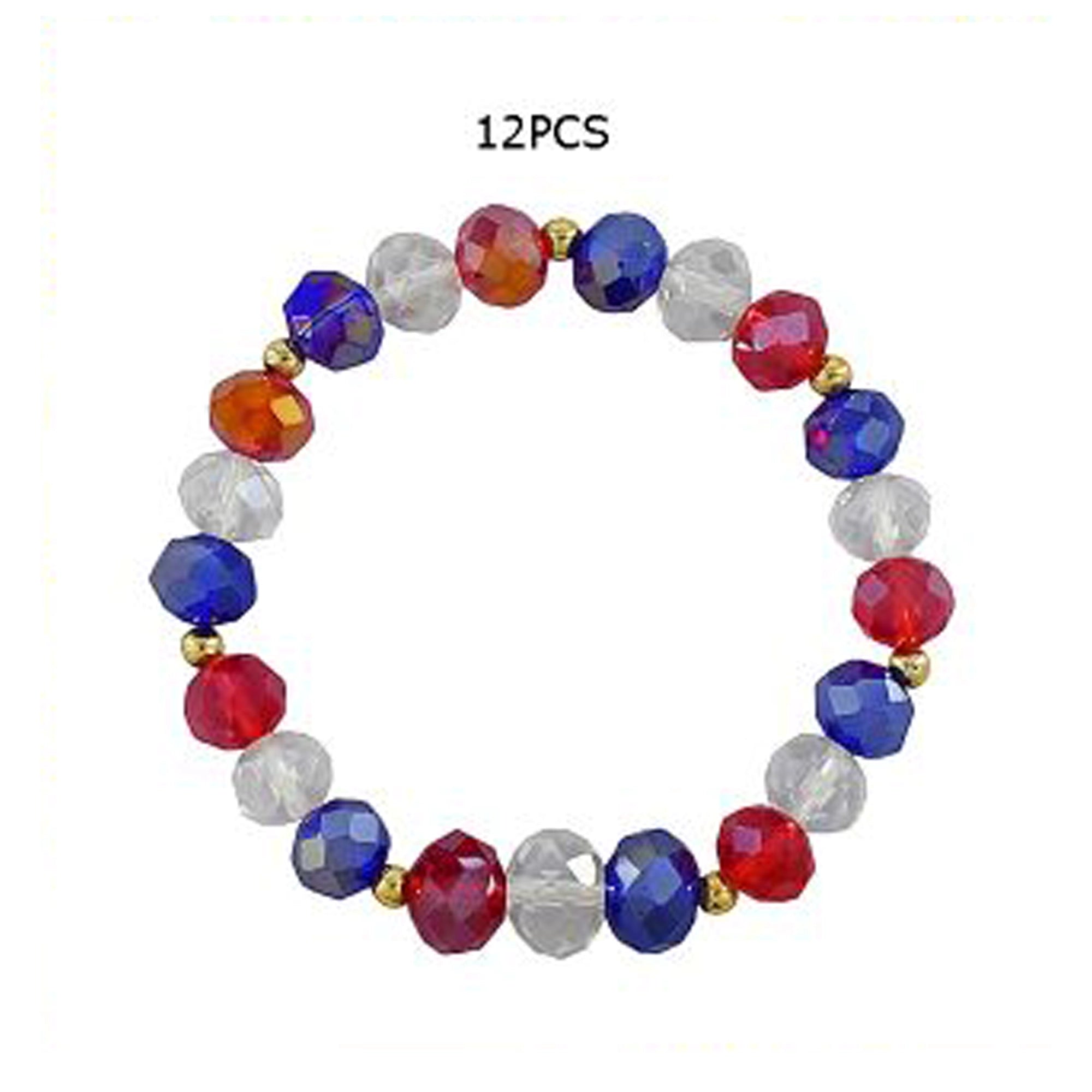 Patriotic Crystal Beaded Stretch Bracelet 12pc Set – Red, White, and Blue Faceted Glass Bracelets for 4th of July, Memorial Day & Team Spirit (JBRC-1006)