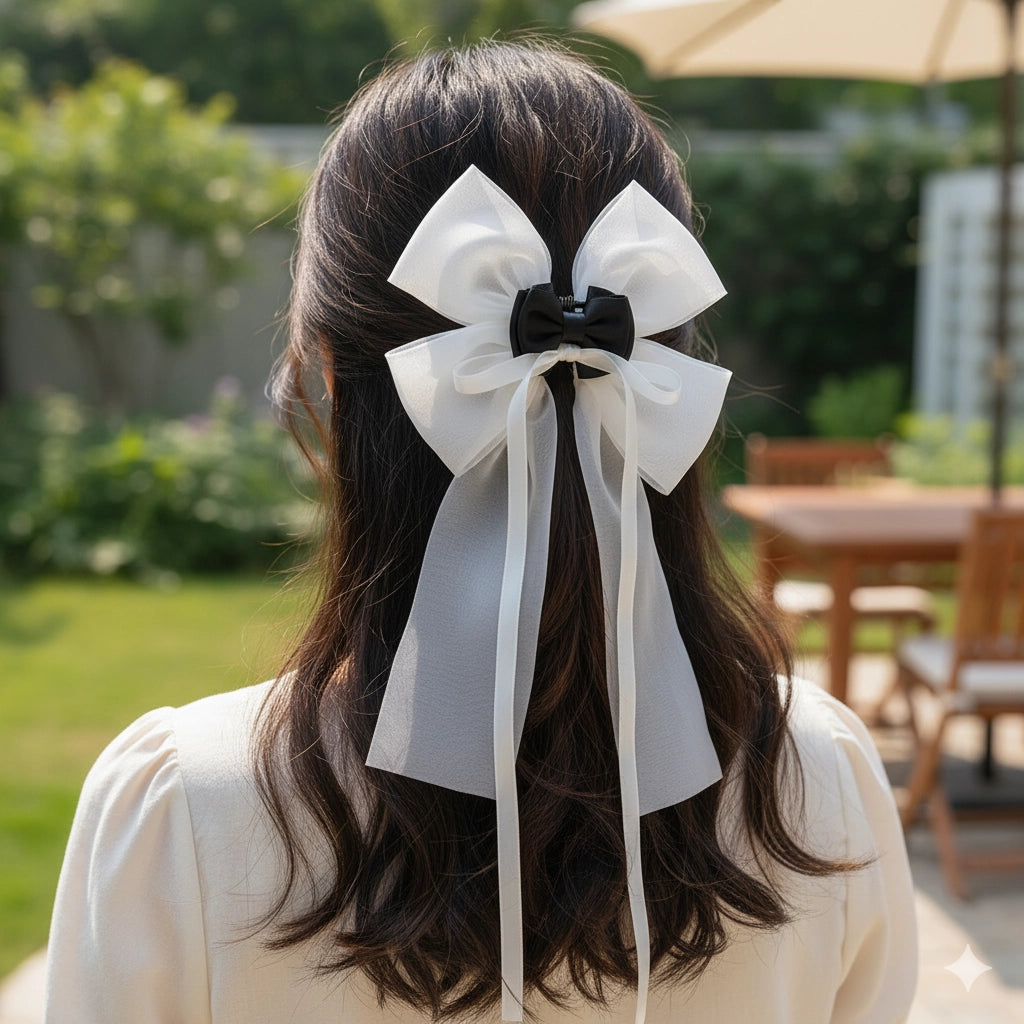 Large Ribbon Hair Clip with Long Tail – Elegant Bow Claw Clip for Women