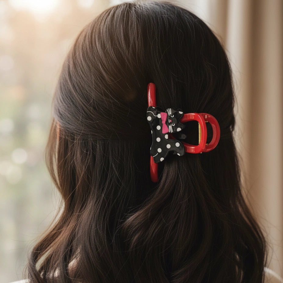 Purrfect Style Polka Dot Cat Hair Claw Clip with Bow | 8CM