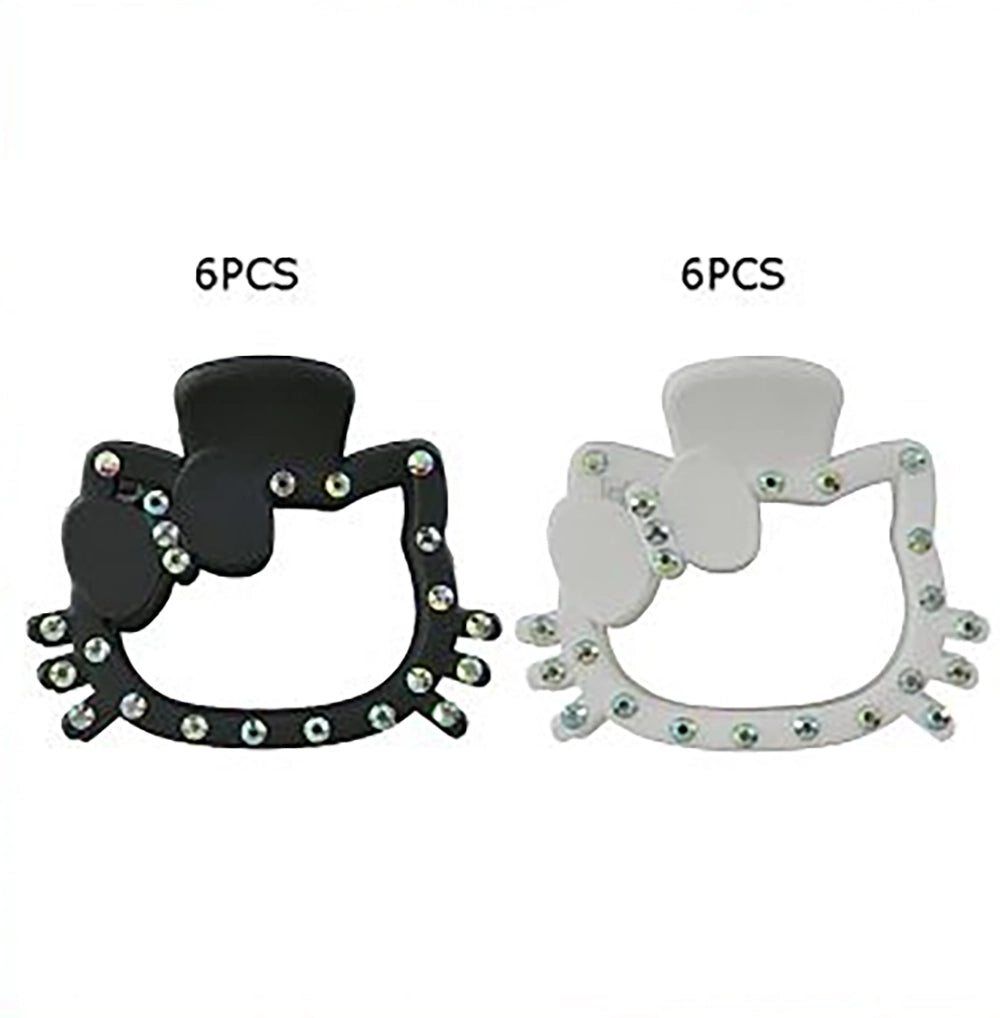Crystal Kitten Hair Claws - Matte Finish 9cm Large Silhouette Hair Clamps with Rhinestones, Black and White Assortment, 12pcs (JC-11084BW)