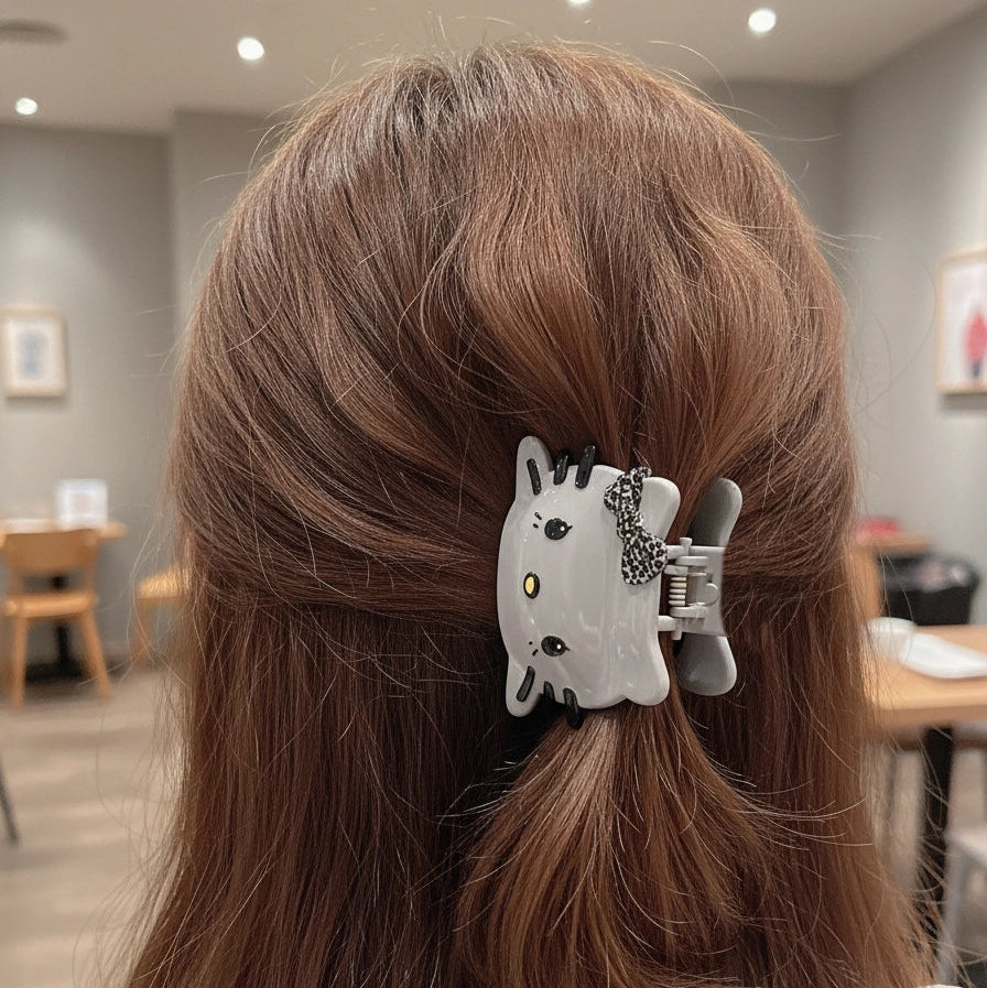 8.5cm Large Feline Silhouette Hair Claw Clip – Matte & Glossy Kitty Hair Jaw with Leopard Print Bow (JC-11239M)