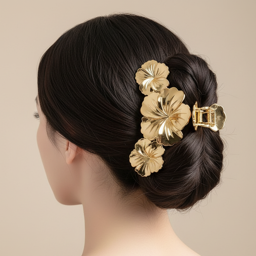 Gold Floral Trio Large Hair Claw Clip (JC-11247GS)