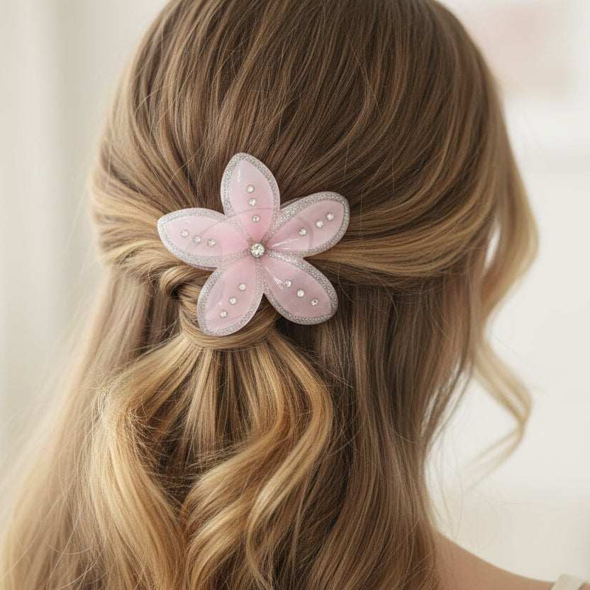 Sparkling 7cm Flower Hair Claw Clip – Translucent Jelly Floral Hair Accessory with Glitter & Rhinestones (JC-11310M)