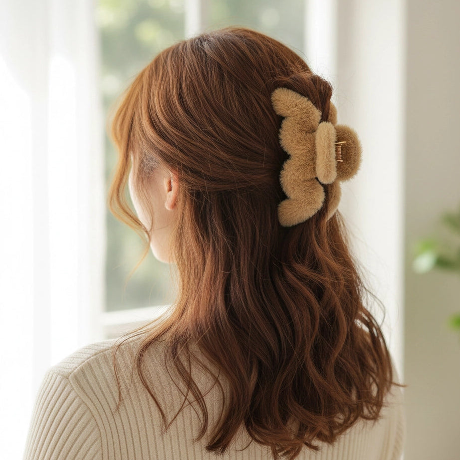 14cm Oversized Fuzzy Wavy Hair Claw Clip – Large Plush Faux Fur Hair Clamp for Thick Hair – Non-Slip Soft Coziness