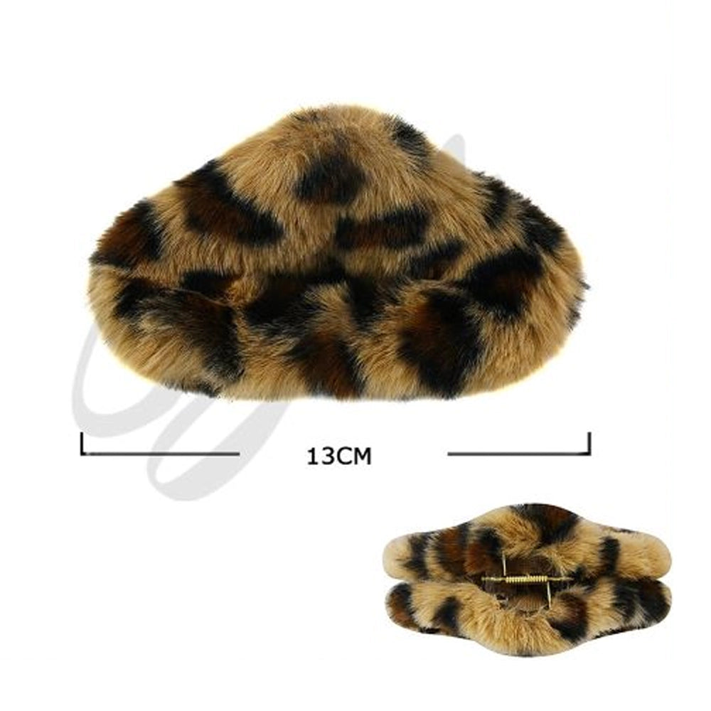 Leopard Print Plush Faux Fur Jumbo Hair Claw Clip (13cm) (JC-11340M)
