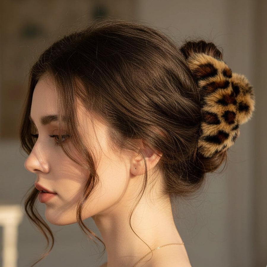 Leopard Print Plush Faux Fur Jumbo Hair Claw Clip (13cm) (JC-11340M)