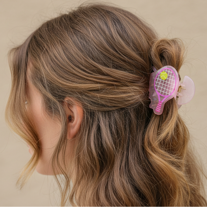 Tennis Racket Hair Claw Clip – 5cm Acrylic Sporty Hair Accessory – Cute Preppy Jaw Clip for Women & Girls (JC-11346M)