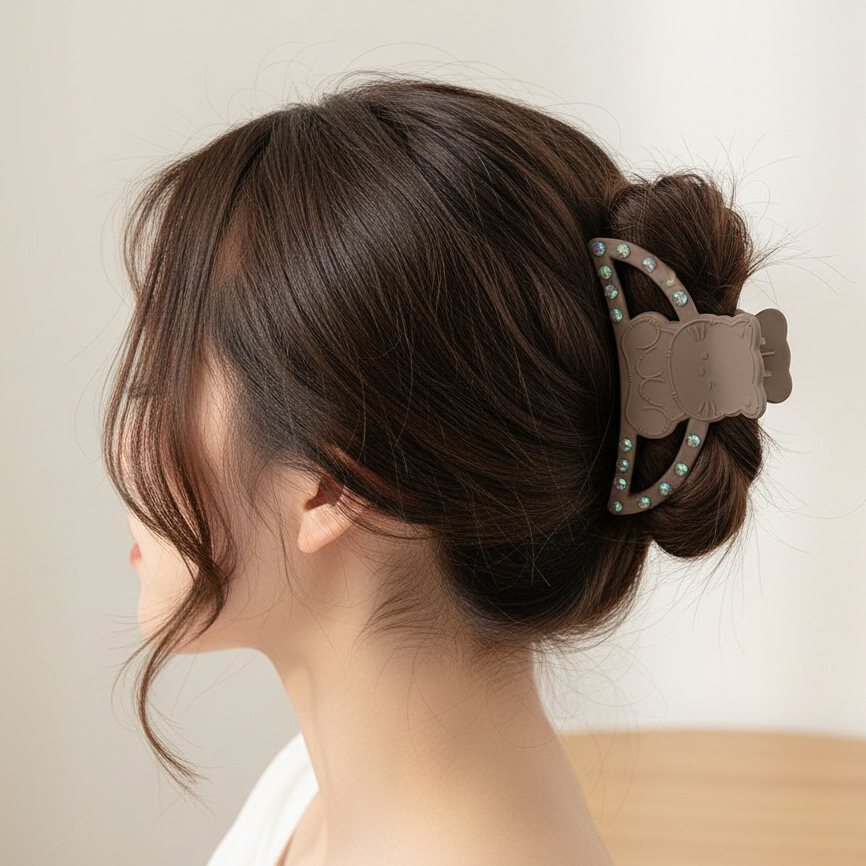 Charming Matte Cat Silhouette Hair Claw Clip with Iridescent Rhinestones (10.5cm) (JC-11386M)