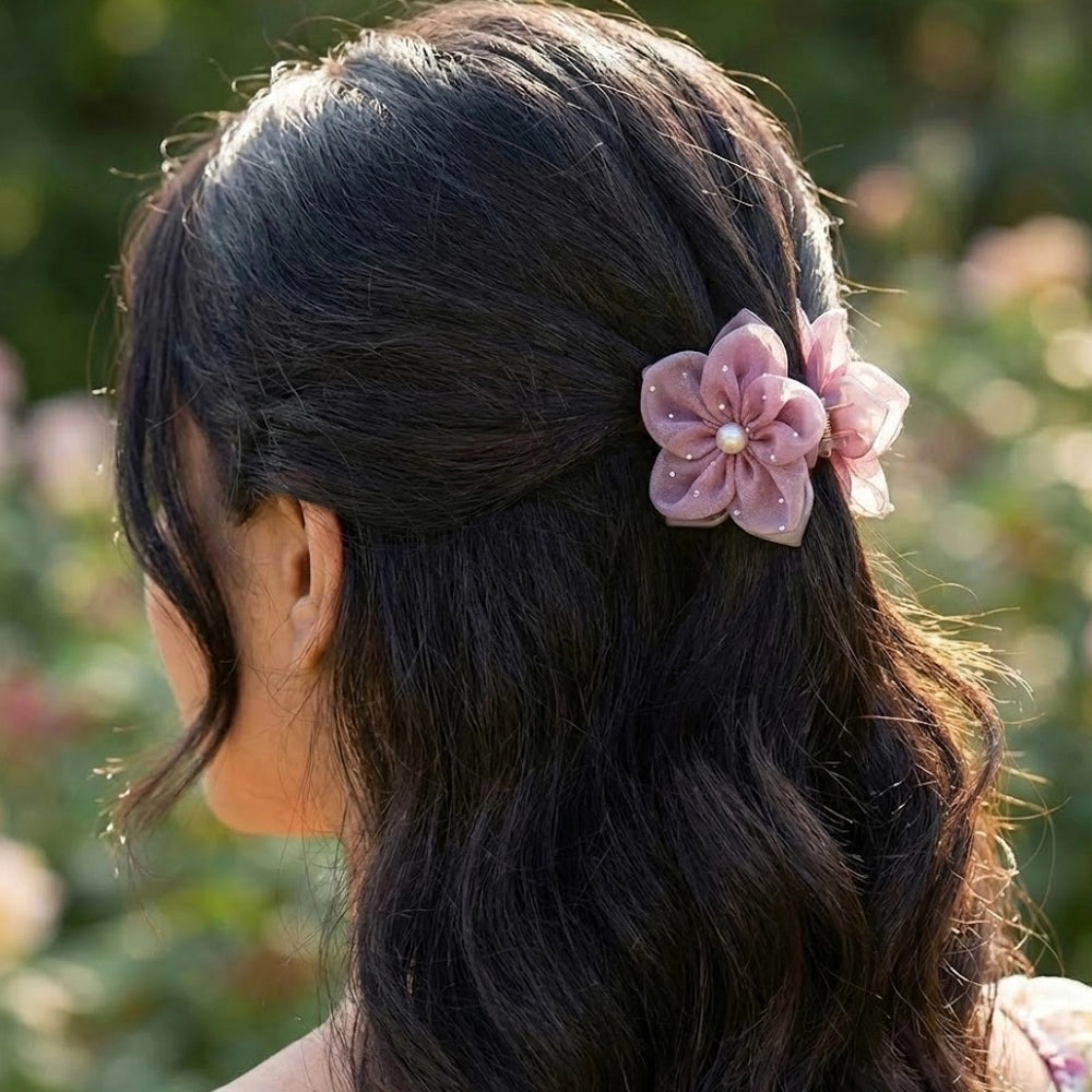 Elegant Chiffon Flower Claw Clip – 7cm Floral Hair Jaw with Pearl Accent (JC-11388M)