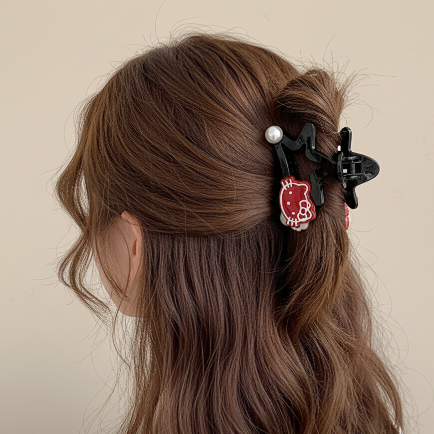 Star-Shaped Hair Claw Clip with Cute Character & Pearl Detail (JC-11450M)