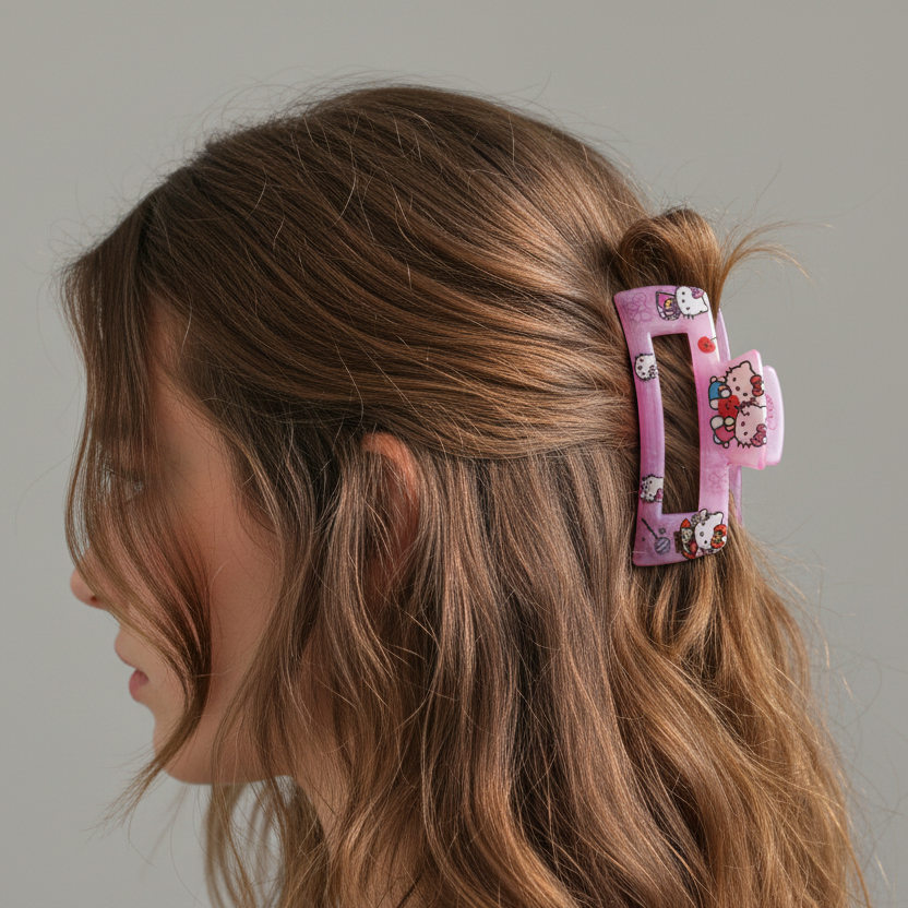 Kawaii Cartoon Cat Hair Claw Clip – 10.5cm Large Rectangular Matte Acrylic Jaw Clip (JC-11477M)