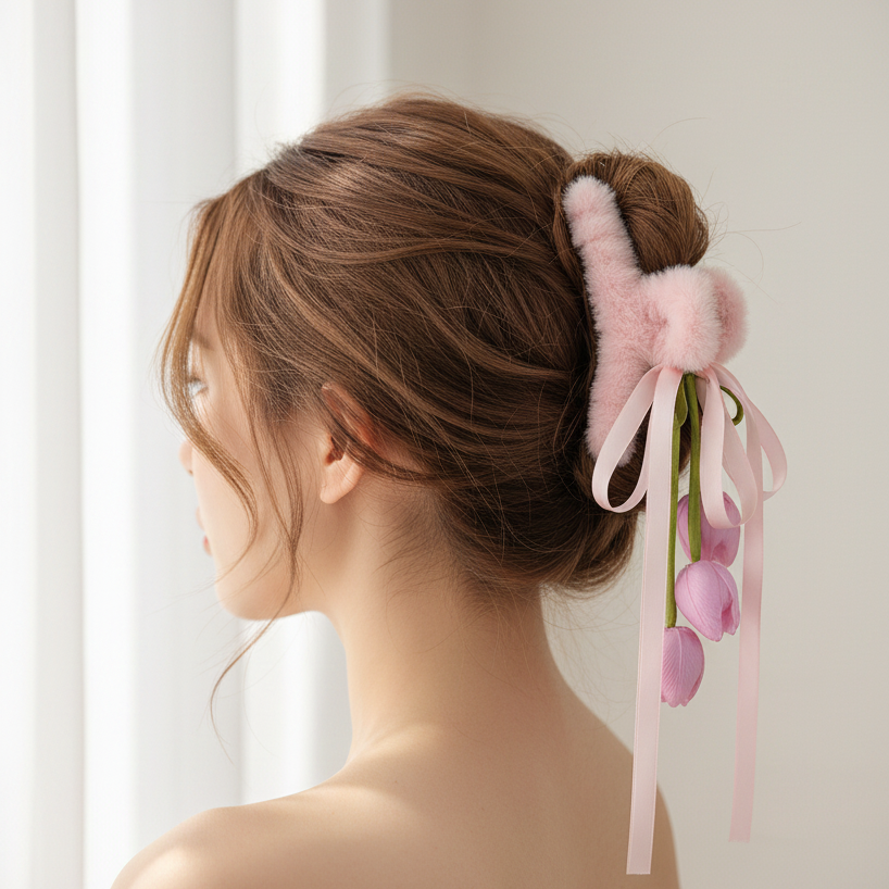 Plush Faux Fur Claw Clip with Ribbon and Tulip Charms – Cozy Floral Hair Jaw Clamp for Women and Girls (JC-11507M)