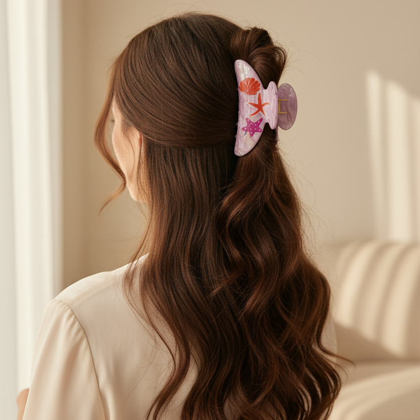 Ocean Theme Acetate Hair Claw Clips - 9cm Marble Shell & Starfish Large Hair Jaw Clips for Thick Hair (JC-11518M)