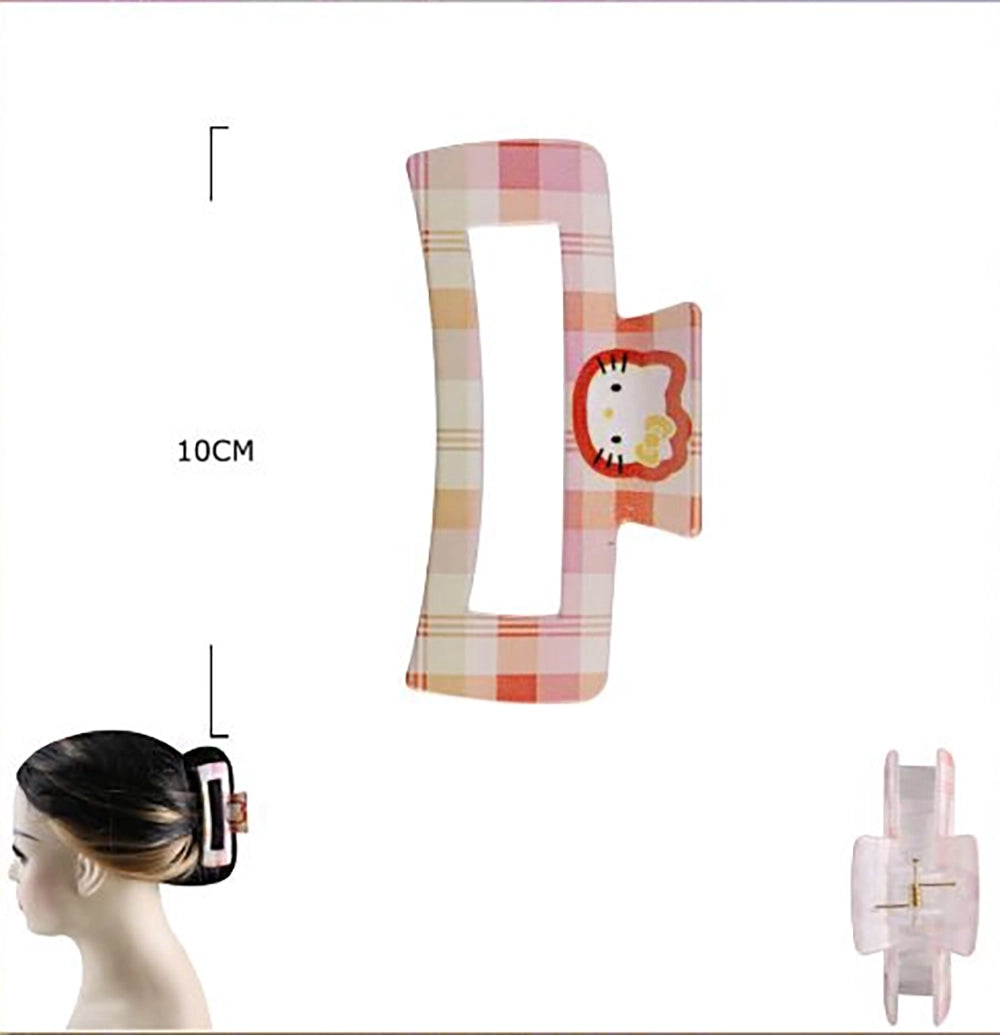 Plaid Checkered Hair Claw Clips, 2-Pack 10cm Large Square Matte Hair Clamps for Thick Hair, Cute Cartoon Cat (JC-11522M)