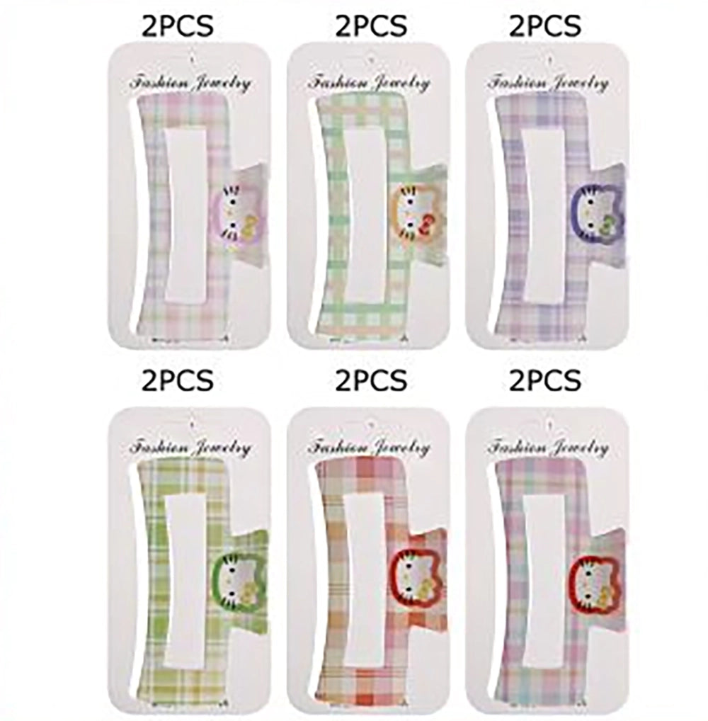 Plaid Checkered Hair Claw Clips, 2-Pack 10cm Large Square Matte Hair Clamps for Thick Hair, Cute Cartoon Cat (JC-11522M)